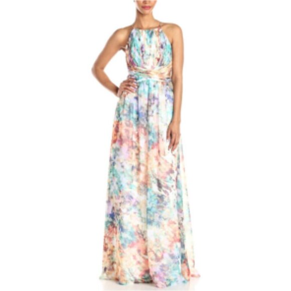 Aidan Mattox Watercolor Cutout Chiffon Maxi Gown Bridesmaid Halter Medium - Picture 10 of 10